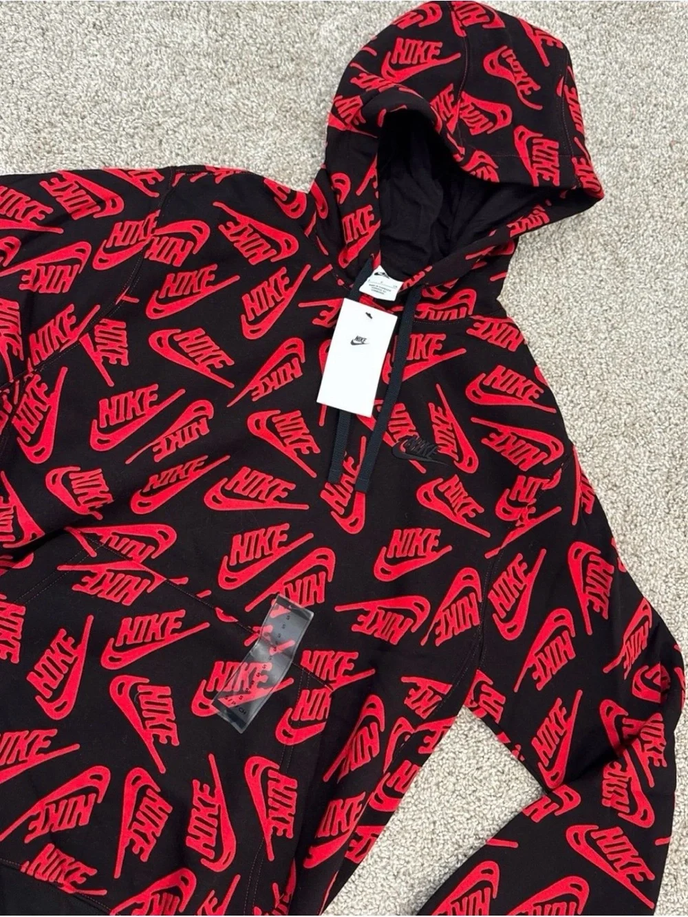 Nike Black Hoodie with Red Allover Logo Print